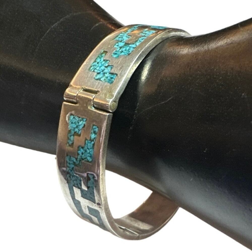 Vintage 925 TC Mexico Sterling Silver Turquoise Inlay Bangle Bracelet - 67 Grams